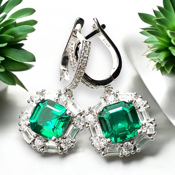 Emerald Earrings Solid Sterling Silver 925 , May Birthstone , 20th anniversary - Picture 4 of 10